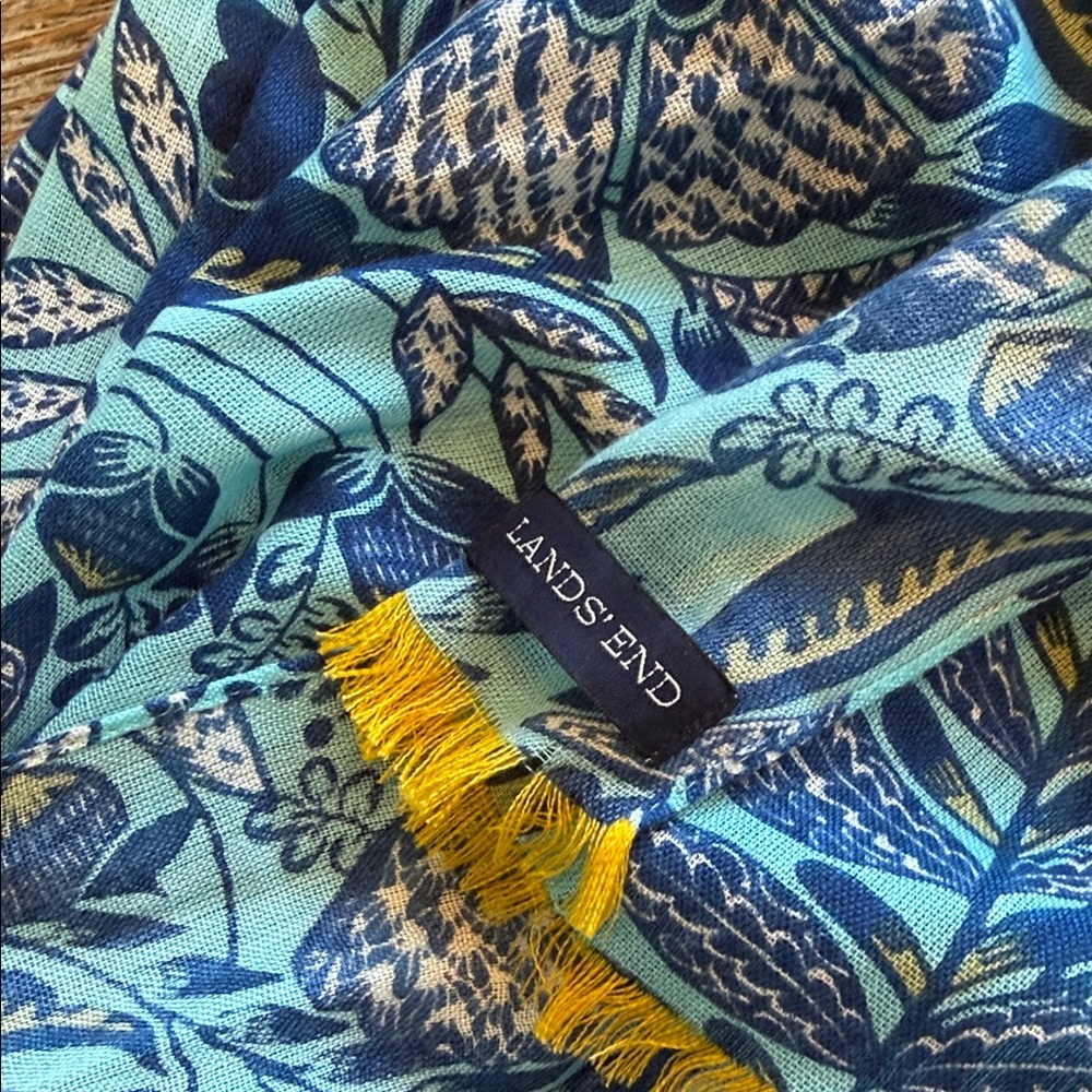 Lands' End Blue and Yellow Beautiful Floral Scarf 66” - Picture 5 of 8
